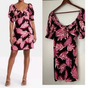 Black and Pink Floral Patterned Dress Puff Sleeve